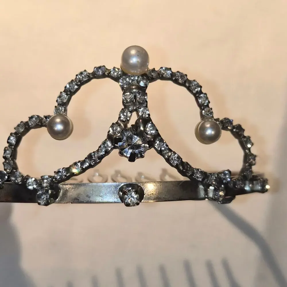 Vintage Y2K Rhinestone‎ Pearl Tiara Hair Comb Princess Fairycore Bridal Crown